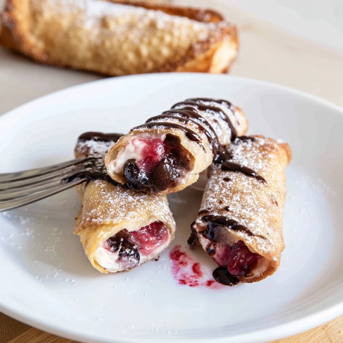 Golden, crispy Cherry Cheesecake Egg Rolls Delight dusted with powdered sugar, warm