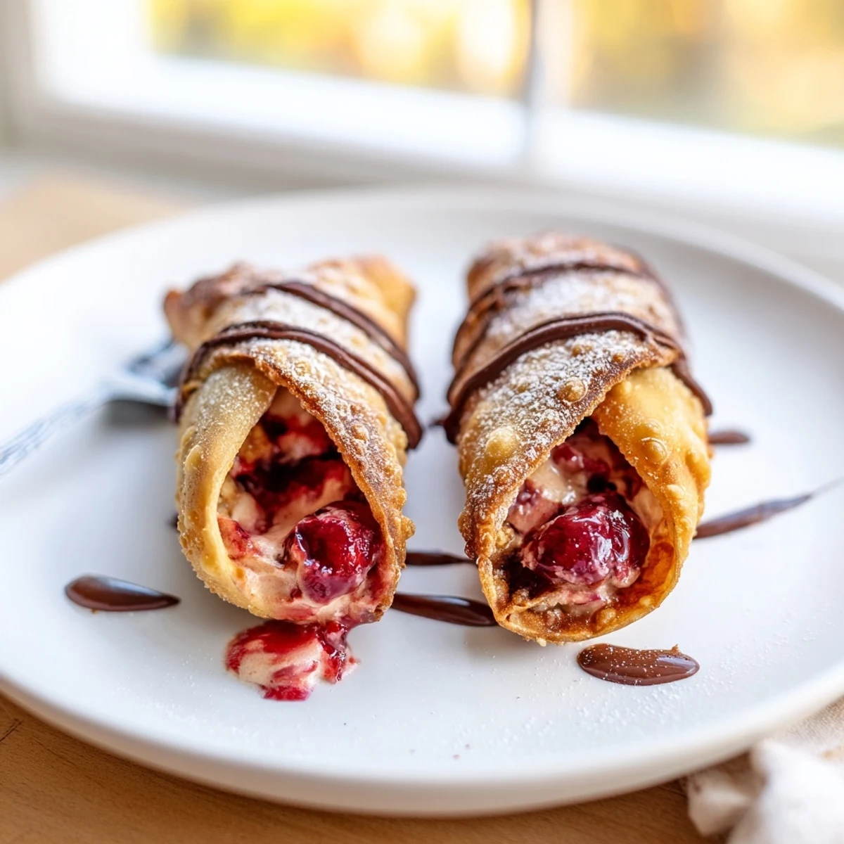Warm Cherry Cheesecake Egg Rolls Delight served with melted chocolate and cherries