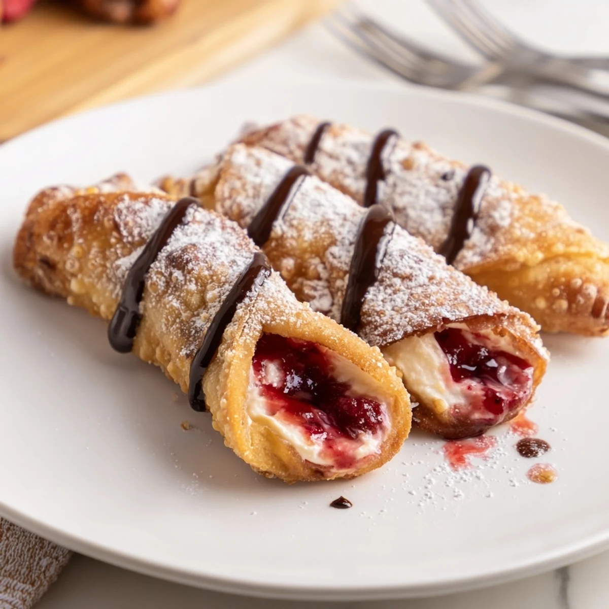 Crispy fried Cherry Cheesecake Egg Rolls Delight revealing silky filling and tangy cherry