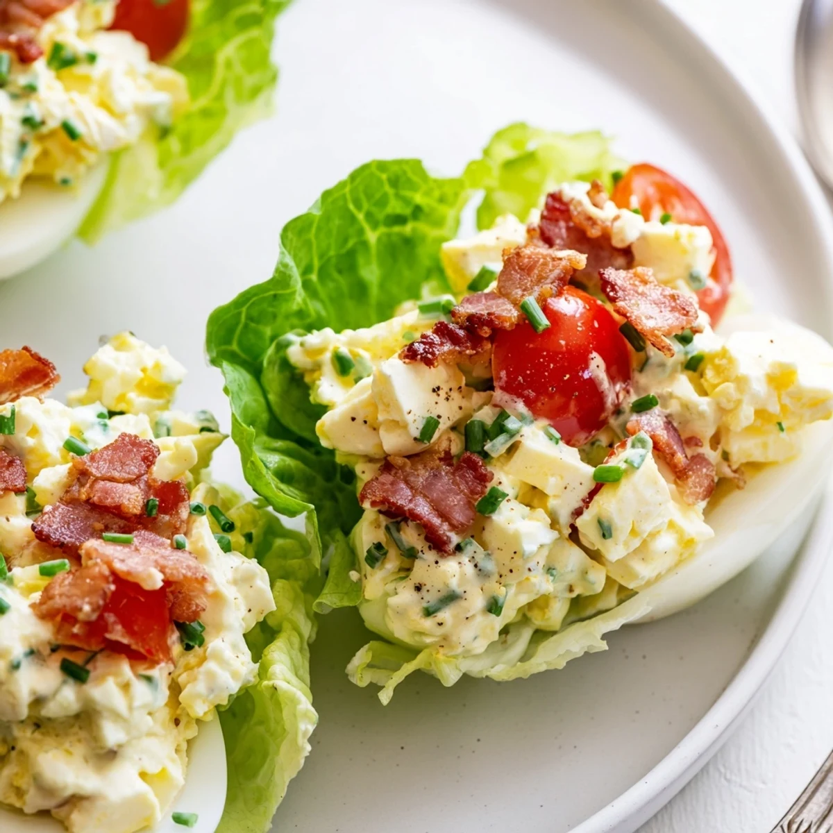 Easy BLT Egg Salad Lettuce Wraps with chopped eggs, Dijon tang, crunchy texture.