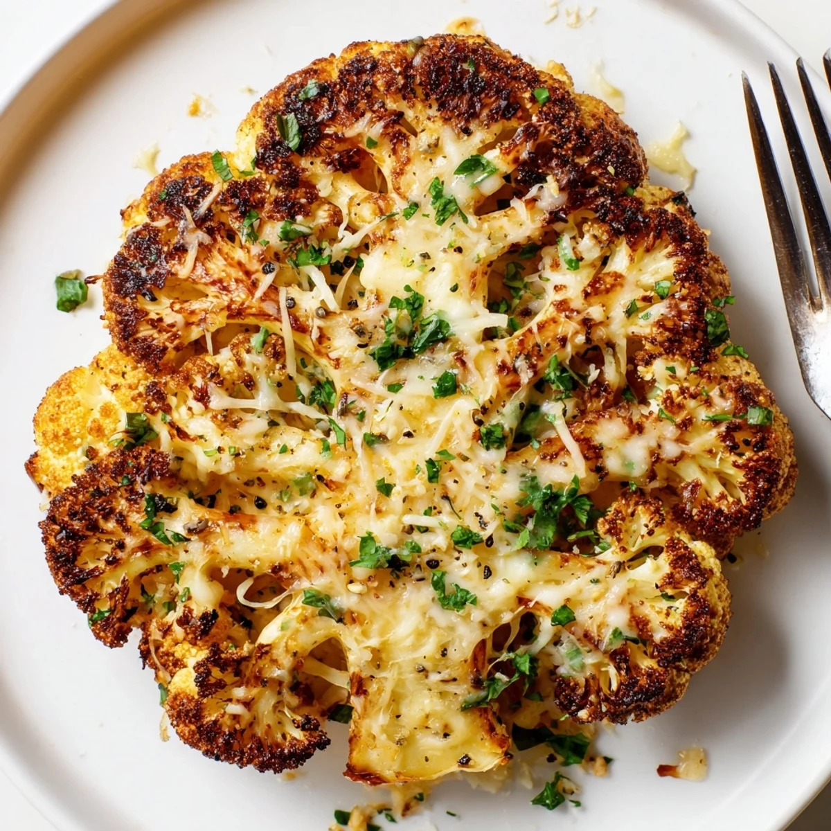 Cheesy Cauliflower Steaks roasted golden with bubbly cheese, parsley garnish, steaming