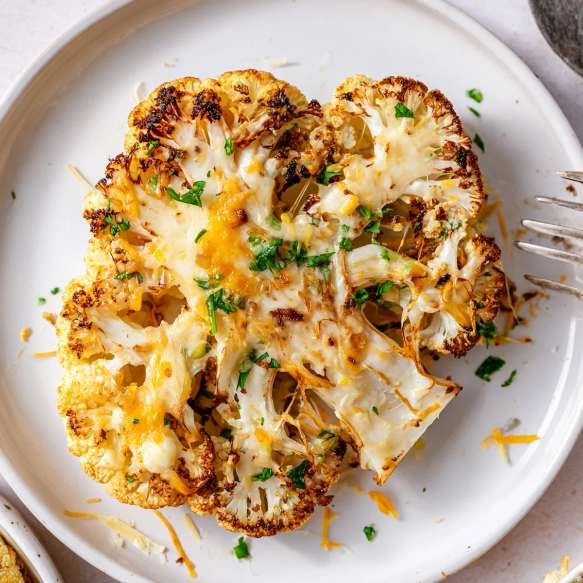 Fork-cut Cheesy Cauliflower Steaks served warm with smoky paprika and butter