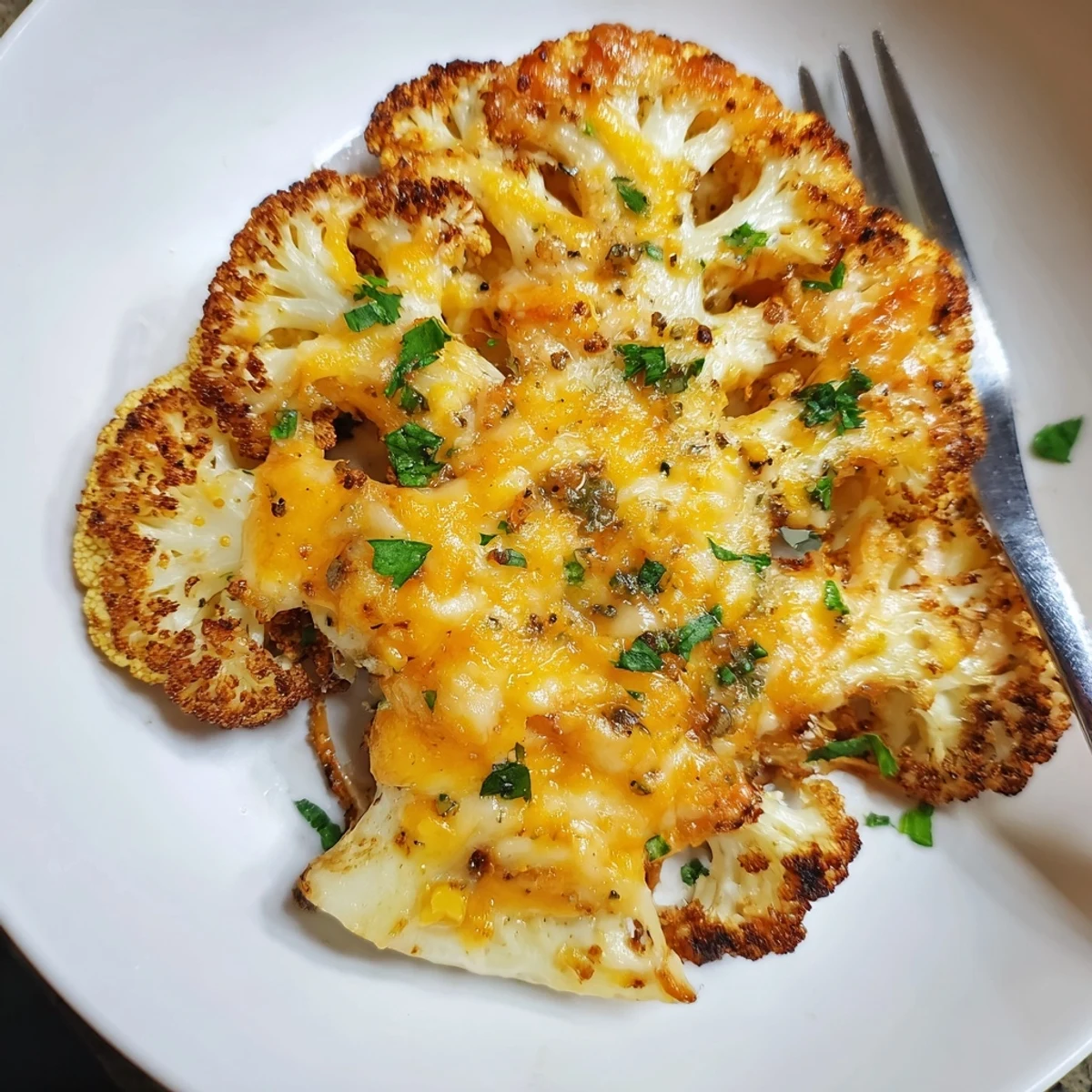 Sliced Cheesy Cauliflower Steaks on parchment, seasoned edges and melted cheddar