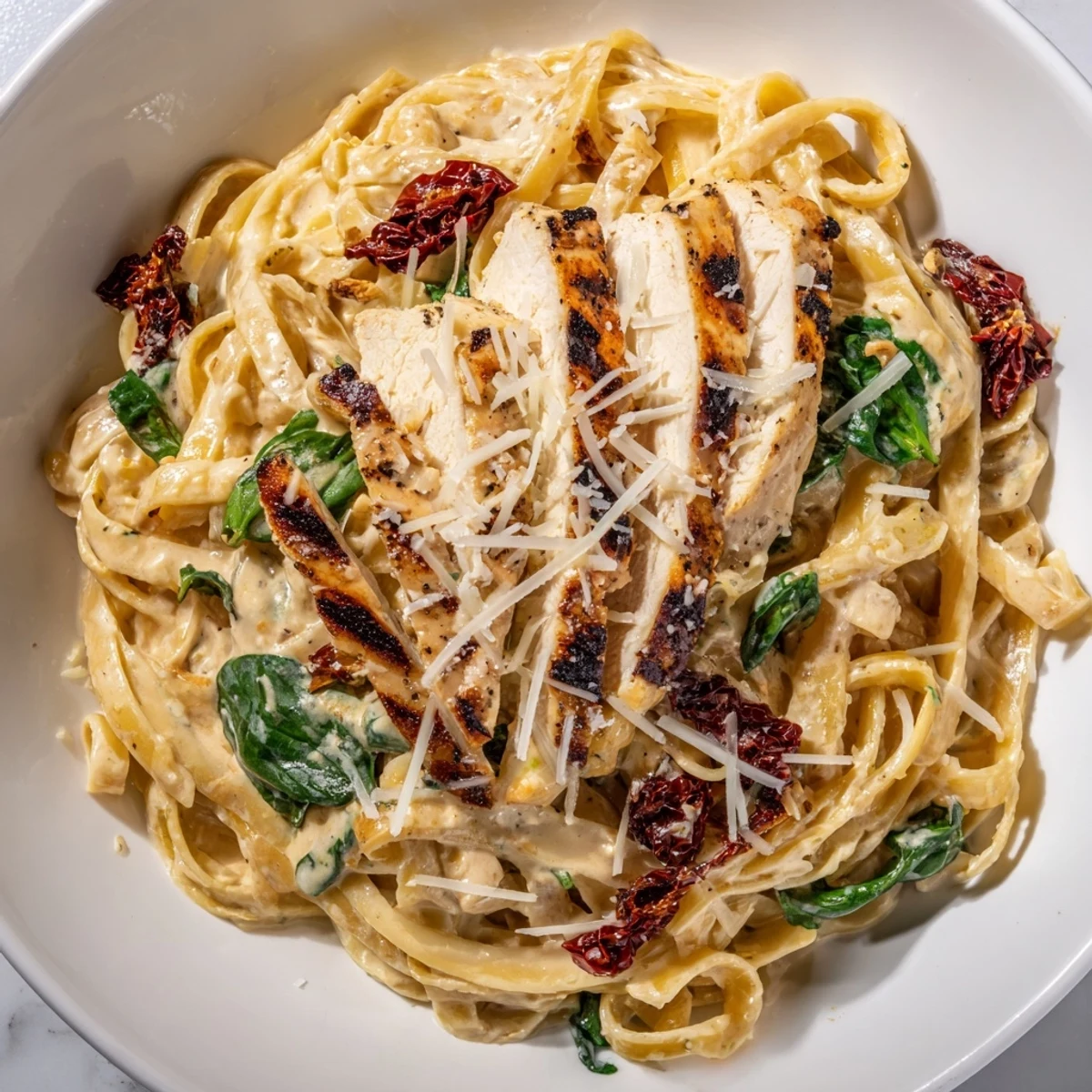 Sliced Tuscan Grilled Chicken Pasta tossed with sun-dried tomatoes and spinach
