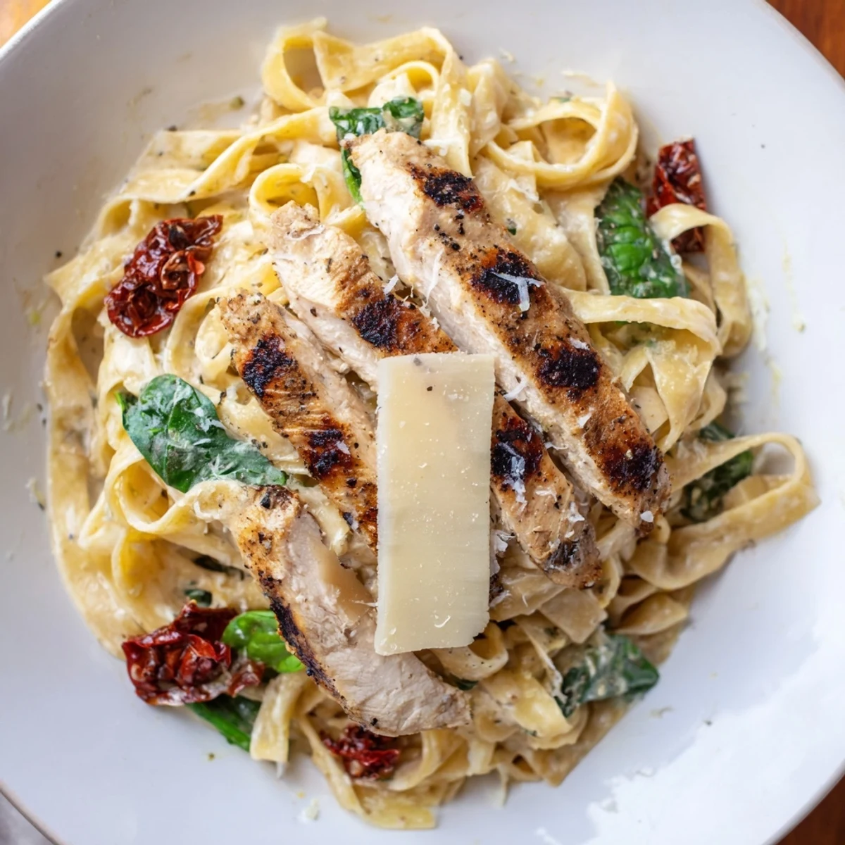 Tuscan Grilled Chicken Pasta steaming in skillet, creamy sauce and basil garnish