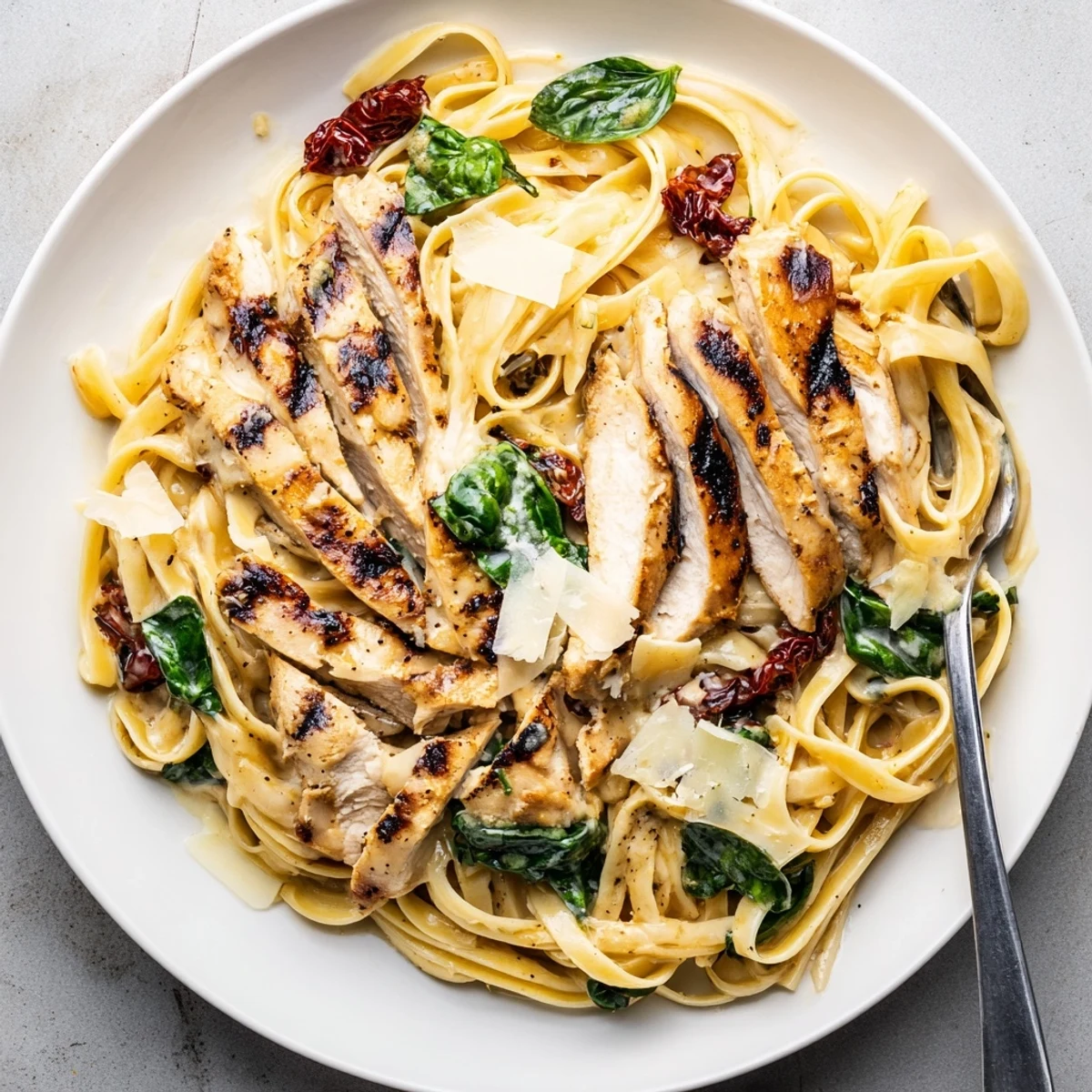 Tuscan Grilled Chicken Pasta served over al dente penne, sprinkled with basil