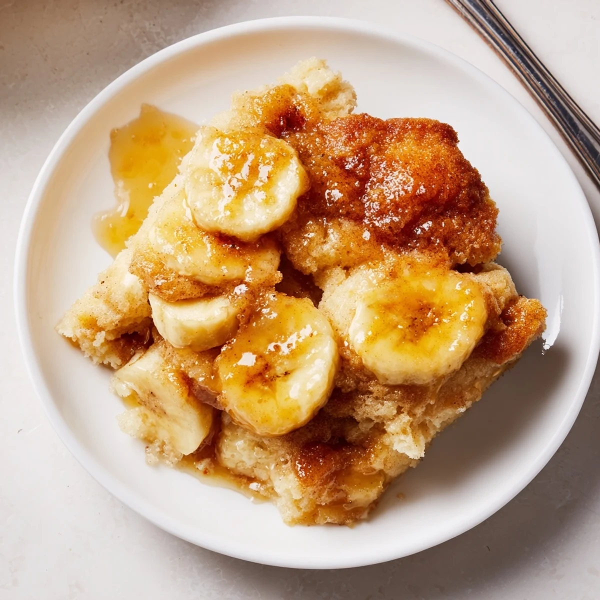 Warm Old Fashioned Banana Cobbler topped with melting vanilla ice cream