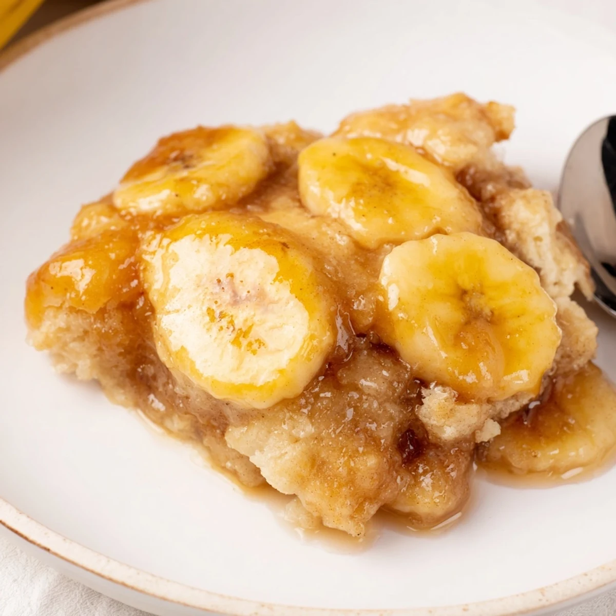 Family-style Old Fashioned Banana Cobbler cooling on counter, cinnamon-scented steam