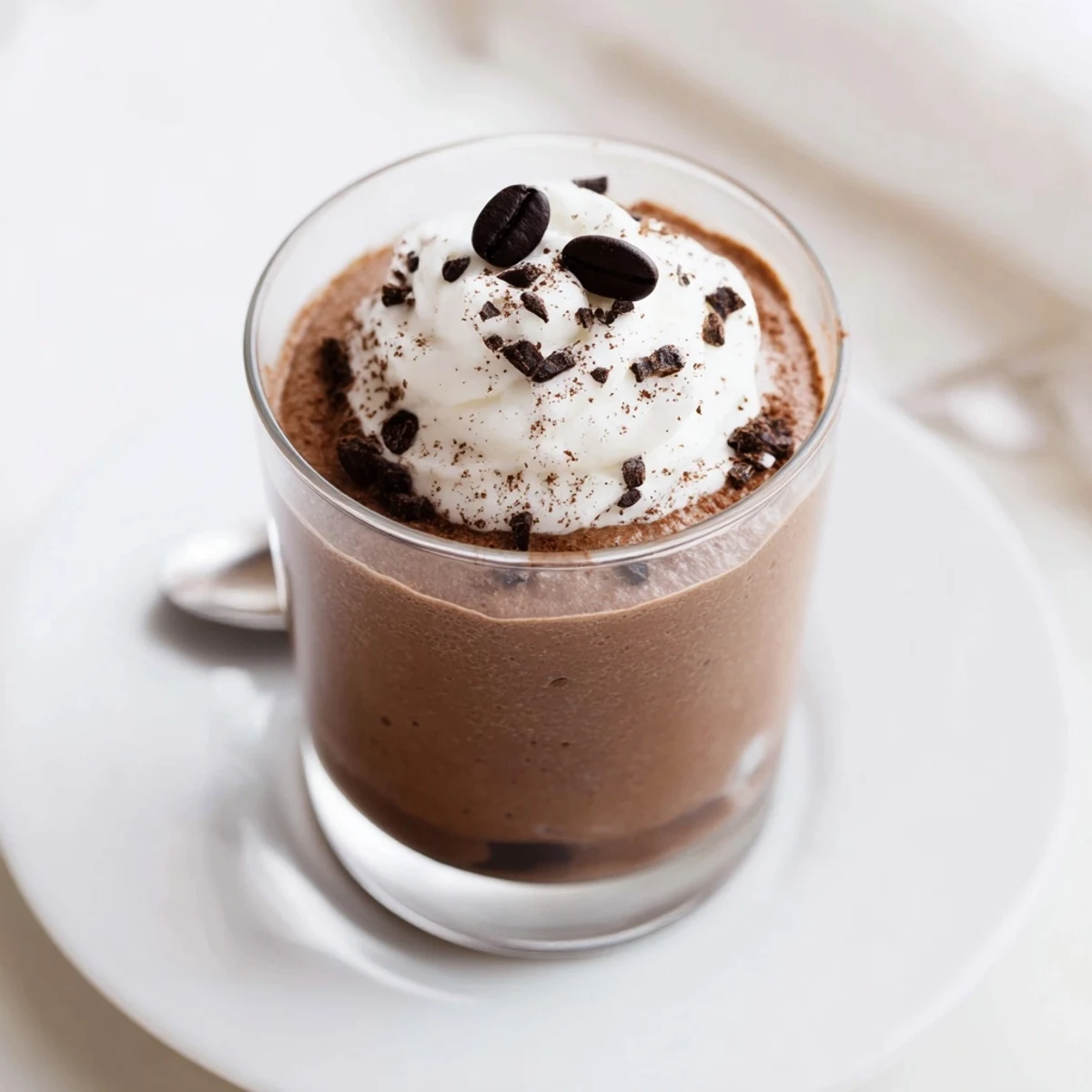 Espresso Chocolate Mousse Cups with silky mousse, whipped cream and chocolate shavings