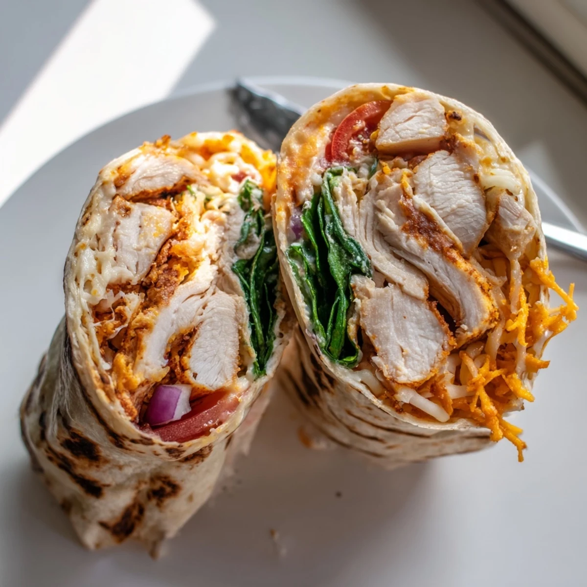 Grilled Cheesy Garlic Chicken Wraps halved to show melty cheese and spinach  