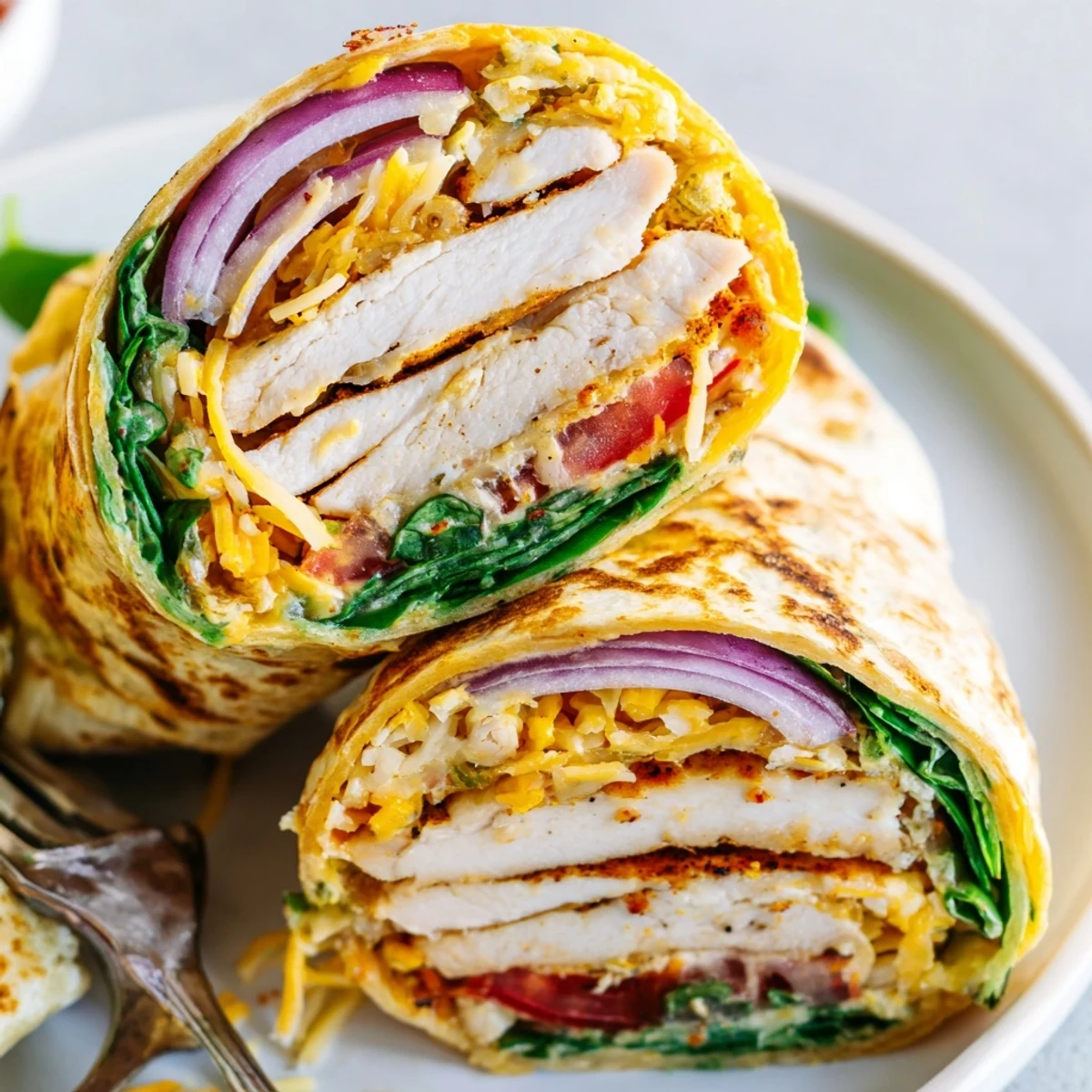 Close up of Cheesy Garlic Chicken Wraps oozing garlicky cheese, tender chicken  