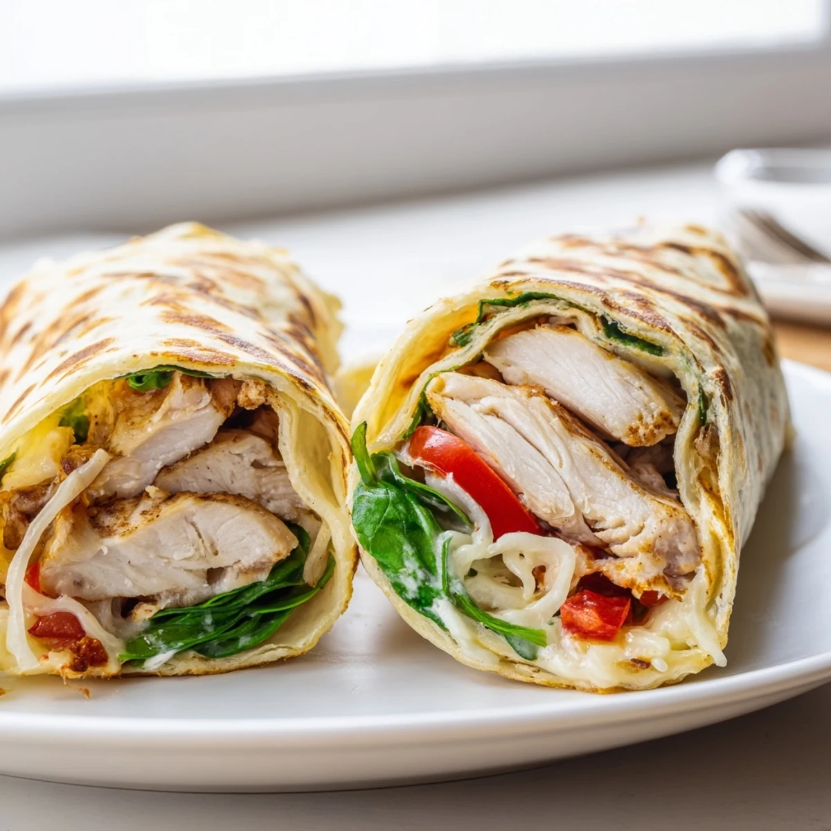 Weeknight Cheesy Garlic Chicken Wraps plated with crisp salad and dipping sauce