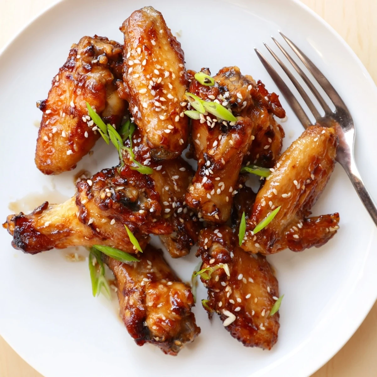 Sticky Teriyaki Baked Wings glazed glossy, steaming on wire rack, sesame garnish