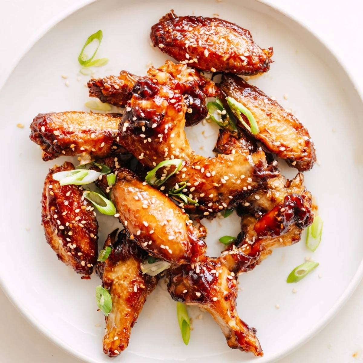 Warm Sticky Teriyaki Baked Wings tossed in shiny sauce, scallions sprinkled