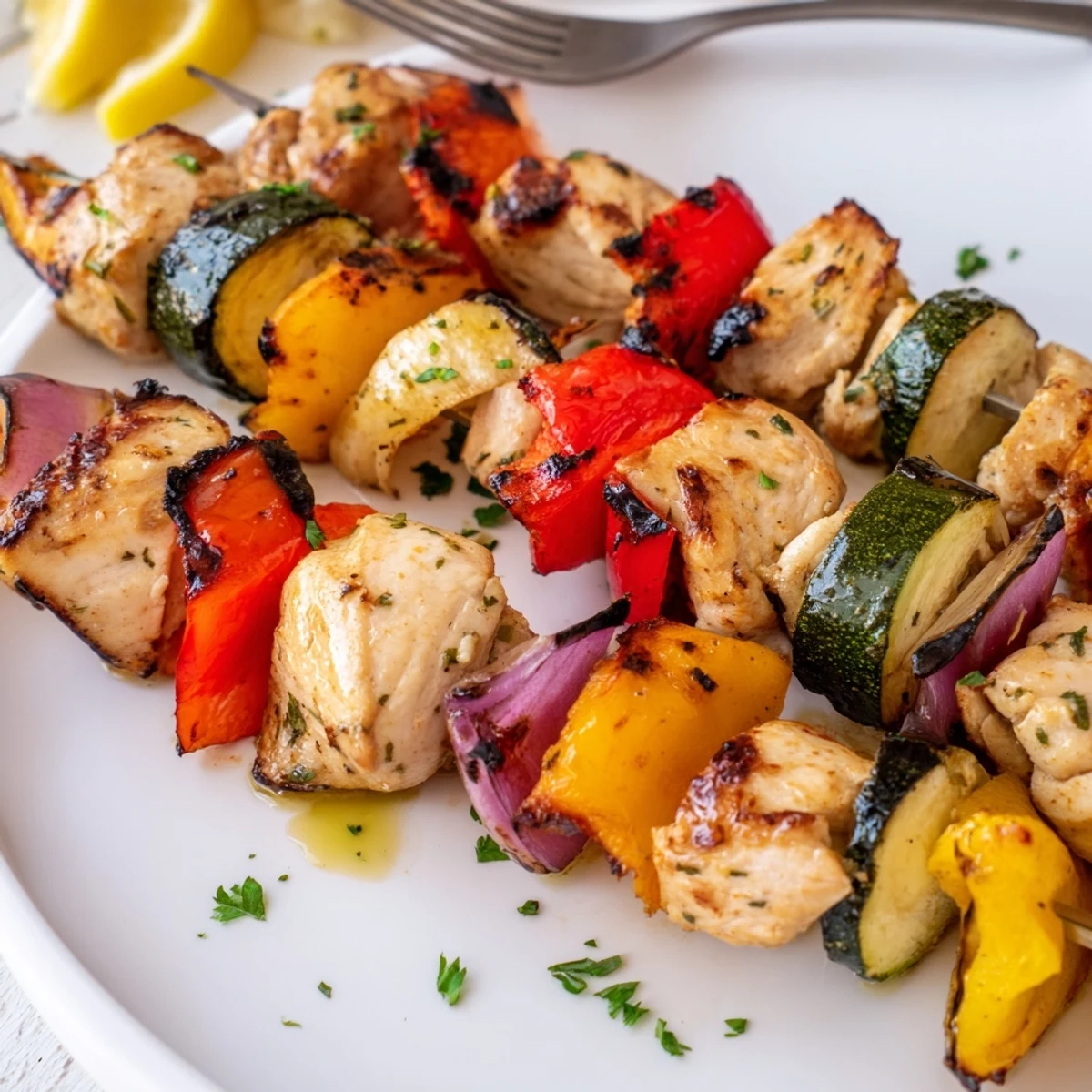 Grilled Chicken Kabobs with charred bell peppers, juicy meat, lemon wedge garnish