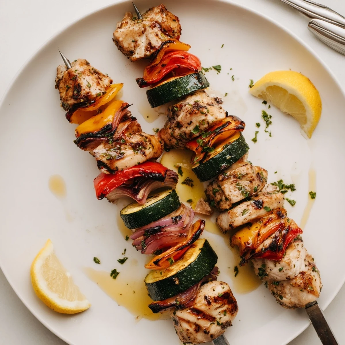 Plate of Grilled Chicken Kabobs drizzled with olive oil, parsley, served hot