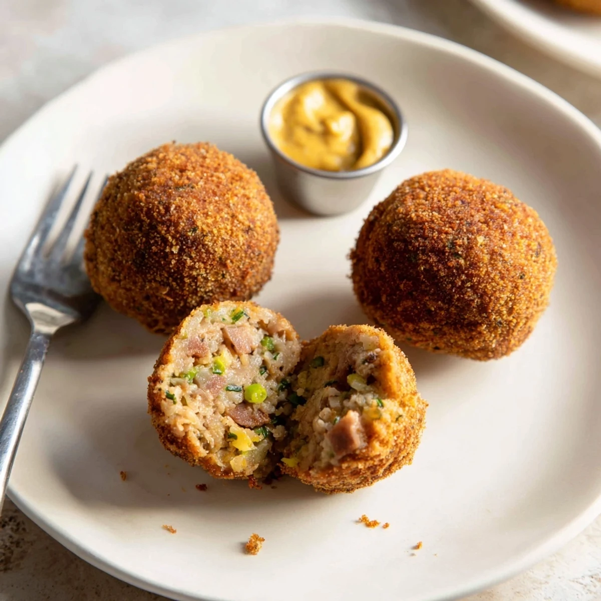 Cajun Boudin Balls glistening golden, crispy exterior with spicy pork interior