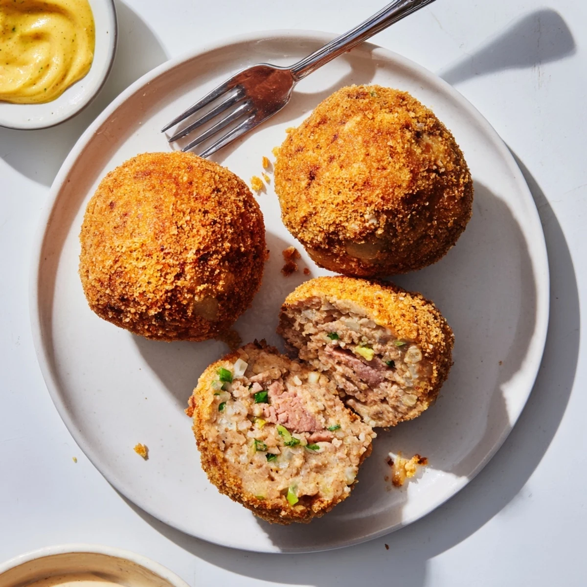 Fried Cajun Boudin Balls piled on tray, served with tangy remoulade