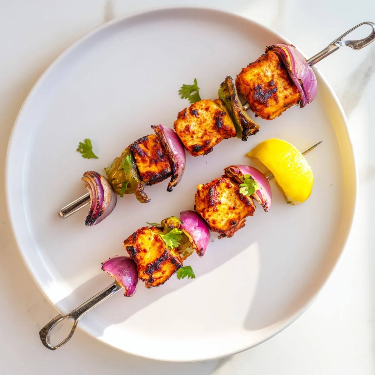 Smoky, charred and juicy Tandoori Chicken Tikka Skewers with lemon wedges