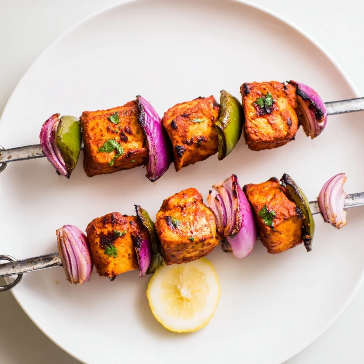 Spiced yogurt marinated Tandoori Chicken Tikka Skewers garnished with fresh cilantro