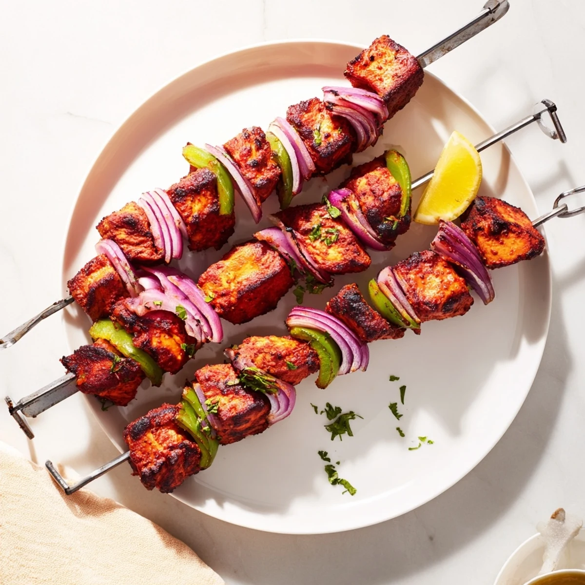 Grilled Tandoori Chicken Tikka Skewers plated beside naan and mint chutney
