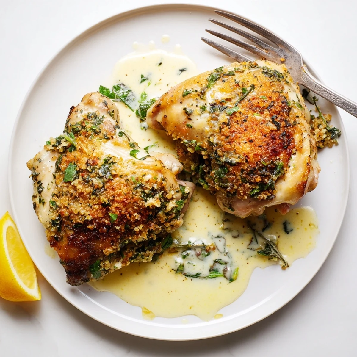 Golden Herb Crusted Chicken Thighs In Creamy Garlic Sauce, herb-scented crispy skin.