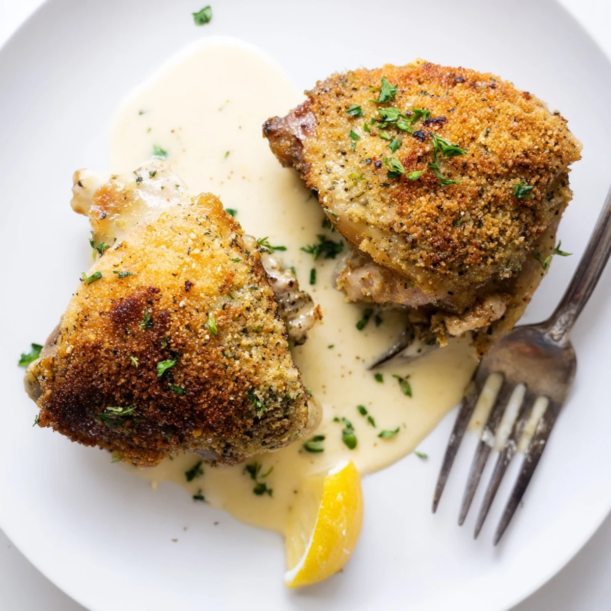 Pan-seared Golden Herb Crusted Chicken Thighs In Creamy Garlic Sauce, rich velvety sauce.