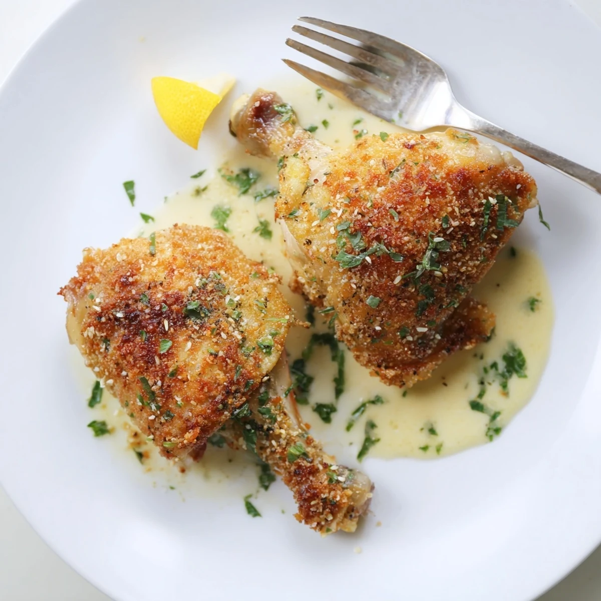 Sliced Golden Herb Crusted Chicken Thighs In Creamy Garlic Sauce over mashed potatoes