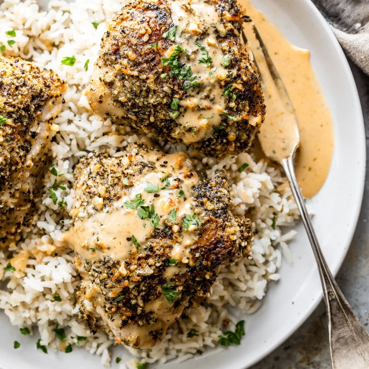 Golden Herb Crusted Chicken Thighs In Creamy Garlic Sauce With Rice, steaming and fragrant