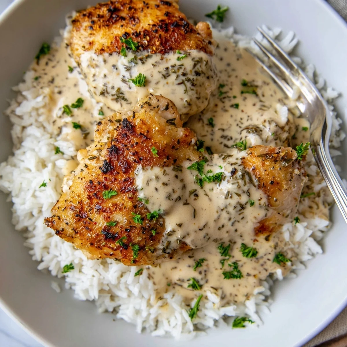 Oven-baked Golden Herb Crusted Chicken Thighs In Creamy Garlic Sauce With Rice