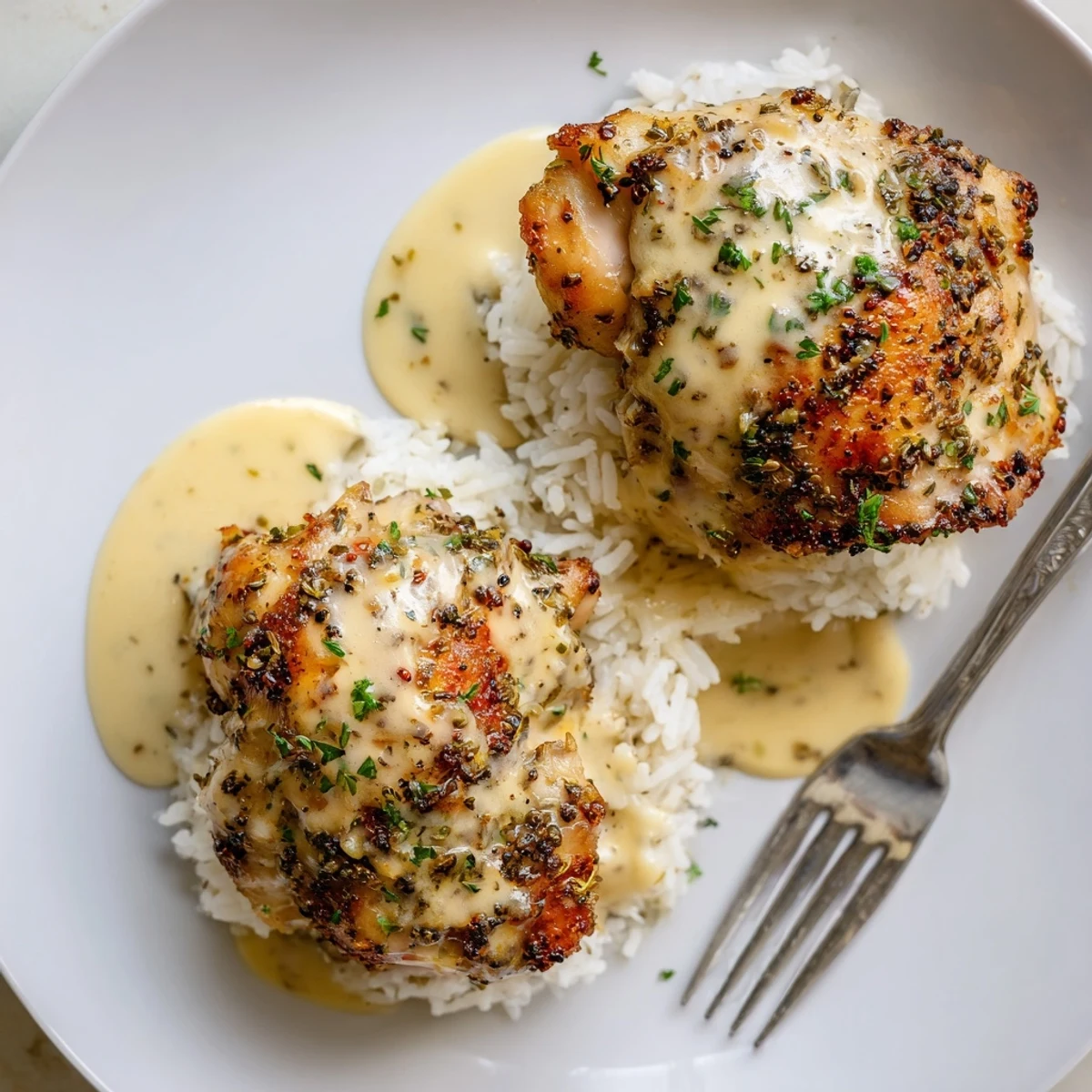 Golden Herb Crusted Chicken Thighs In Creamy Garlic Sauce With Rice drizzled with parsley