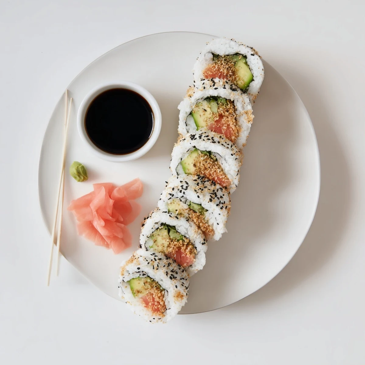 California Crunch Roll Sushi piled on ceramic plate, creamy crab and crisp tempura.