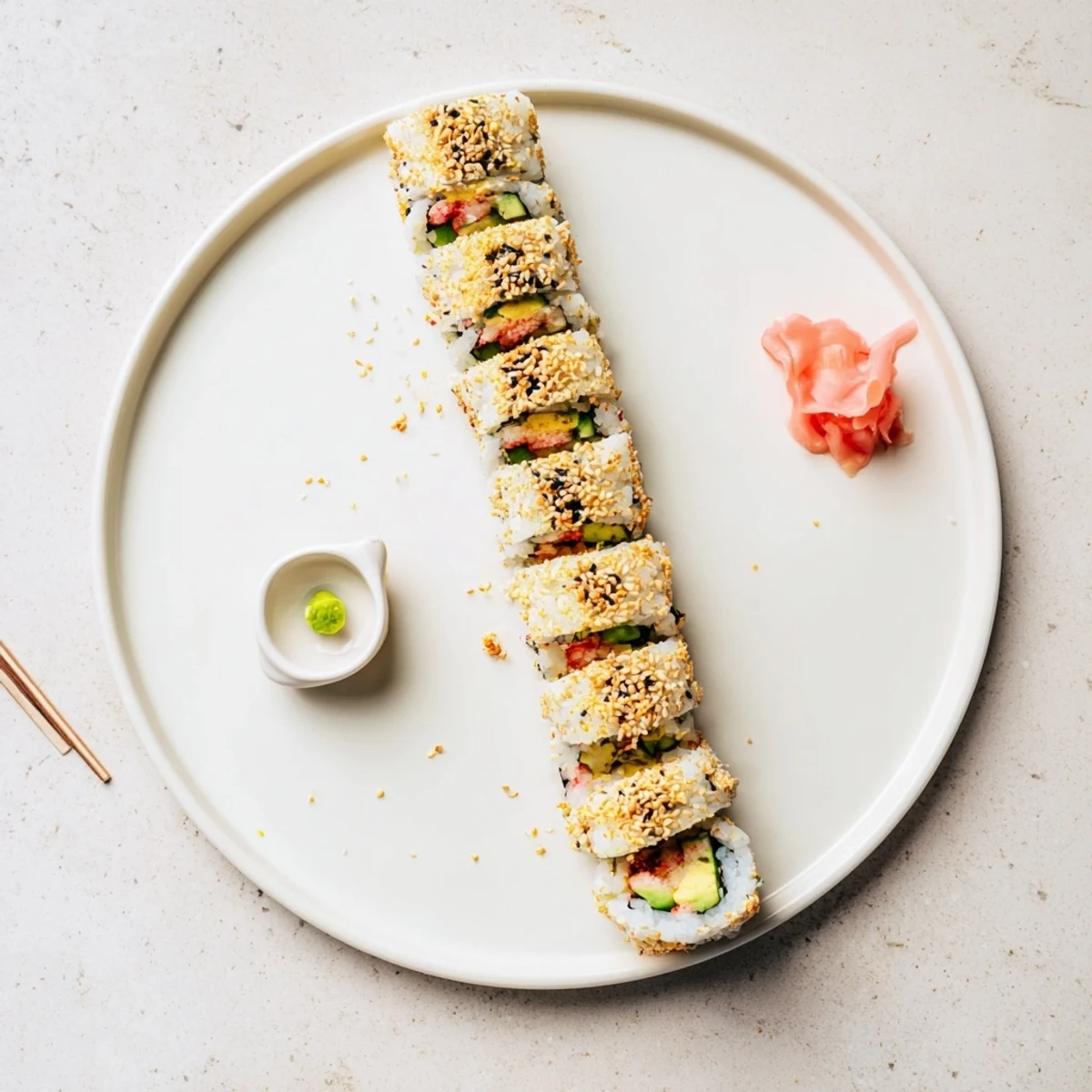 Sliced California Crunch Roll Sushi arranged with pickled ginger, wasabi, and soy.