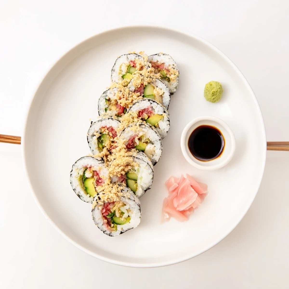 Hand-rolled California Crunch Roll Sushi showing sesame-speckled rice and crunchy center.