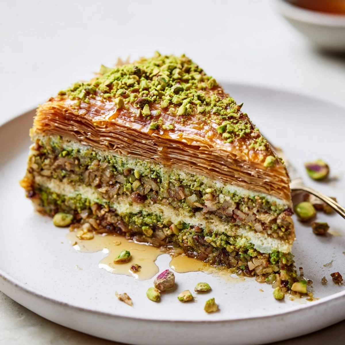 Pistachio Baklava Cheesecake with honey syrup, flaky phyllo crust, nutty crunch.