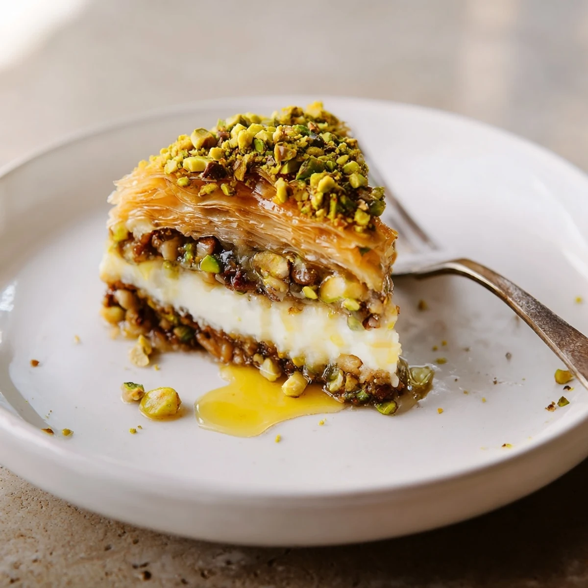 Creamy Pistachio Baklava Cheesecake topped with chopped pistachios, served chilled.