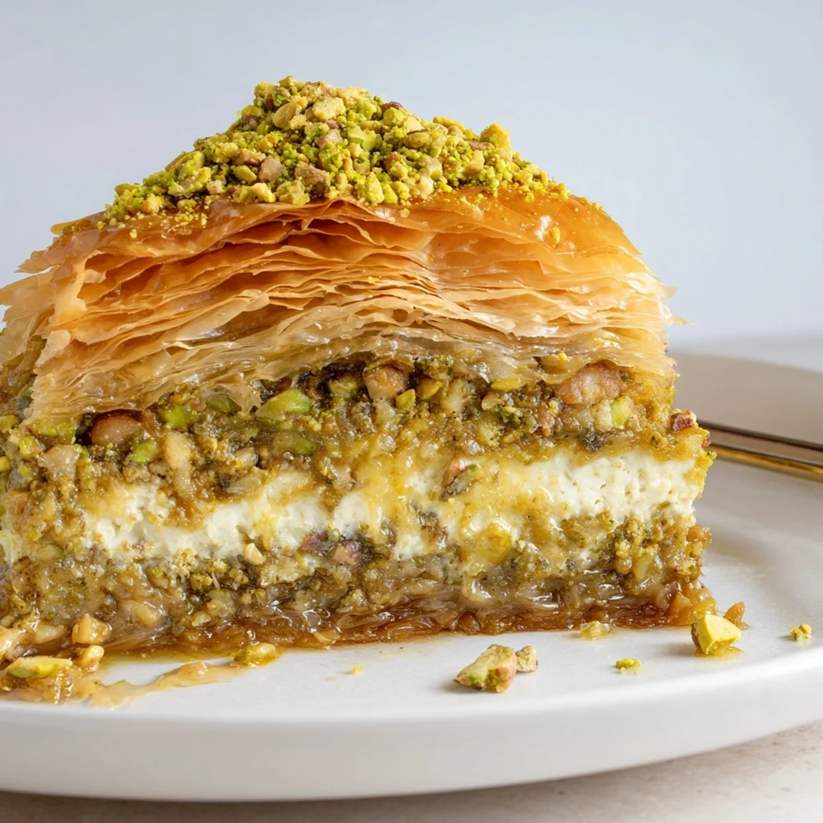 Slice of Pistachio Baklava Cheesecake on plate beside steaming mint tea.
