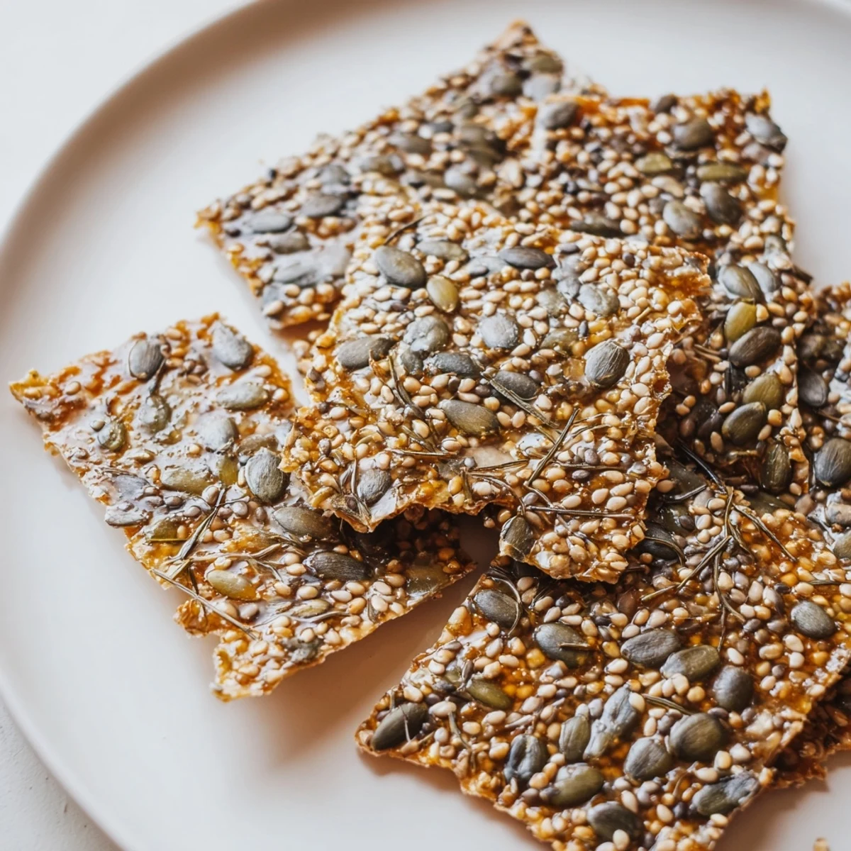 Thin golden Seed Crackers broken into pieces beside guacamole for dipping.