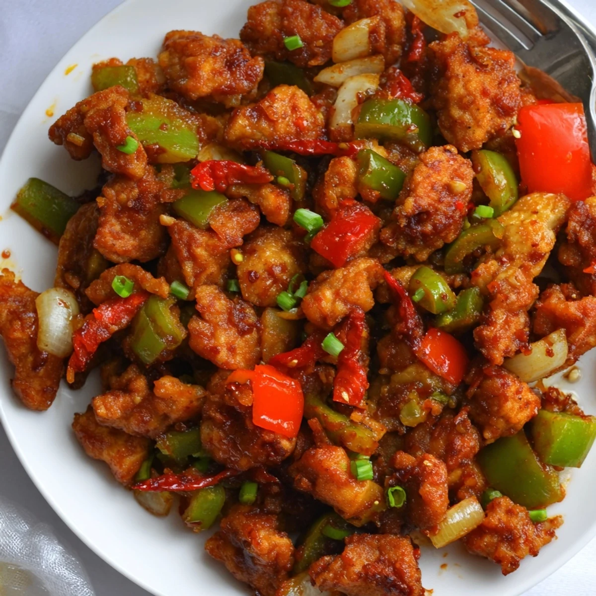 Flavorful Chilli Chicken Indo Chinese on a plate, glossy sauce, crisp peppers.