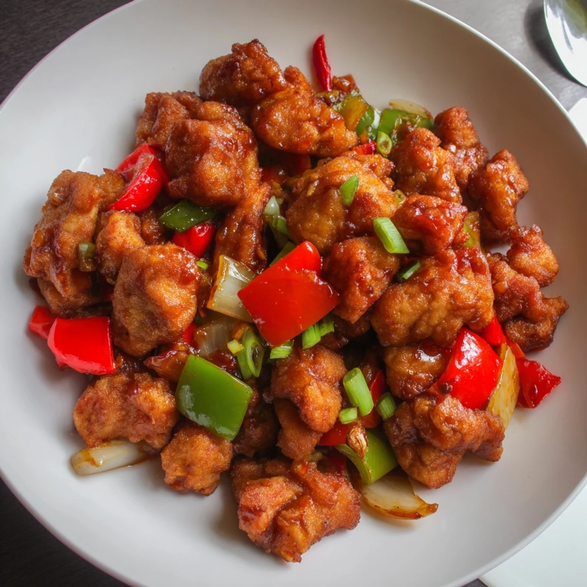 Sizzling Flavorful Chilli Chicken Indo Chinese tossed with peppers, onions, sprinkled scallions.