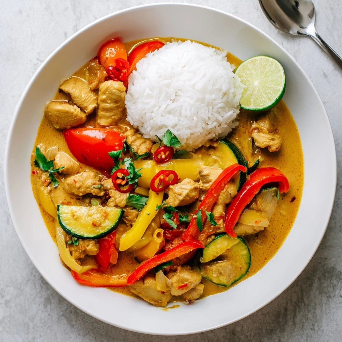 Spicy Summer Coconut Chicken Curry steaming over jasmine rice, vibrant peppers glistening
