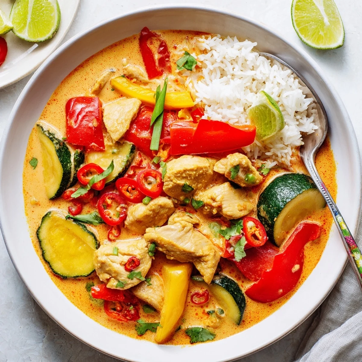 Bowl of Spicy Summer Coconut Chicken Curry garnished with cilantro and lime