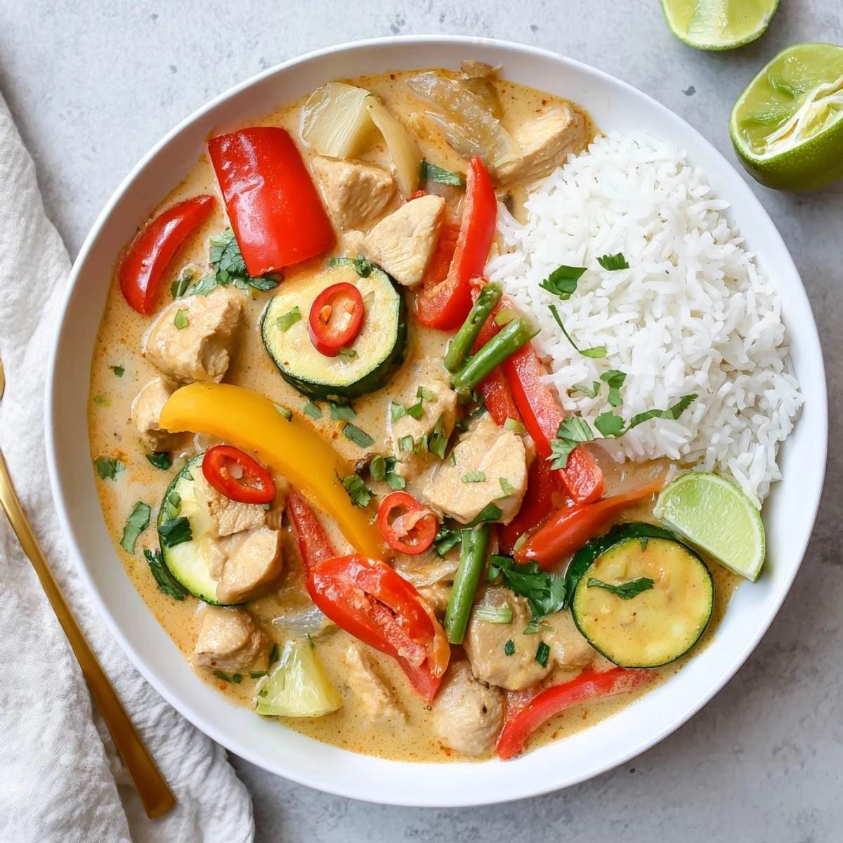 Cast-iron skillet of Spicy Summer Coconut Chicken Curry, fragrant coconut and ginger