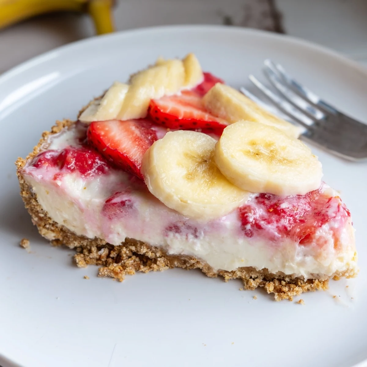 Banana Strawberry Cheesecake with glossy berry topping, creamy banana swirled slice
