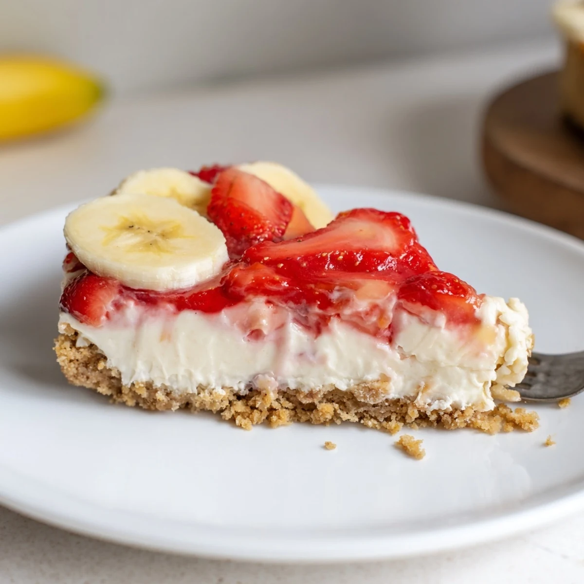 Homemade Banana Strawberry Cheesecake chilled and garnished with fresh strawberry slices