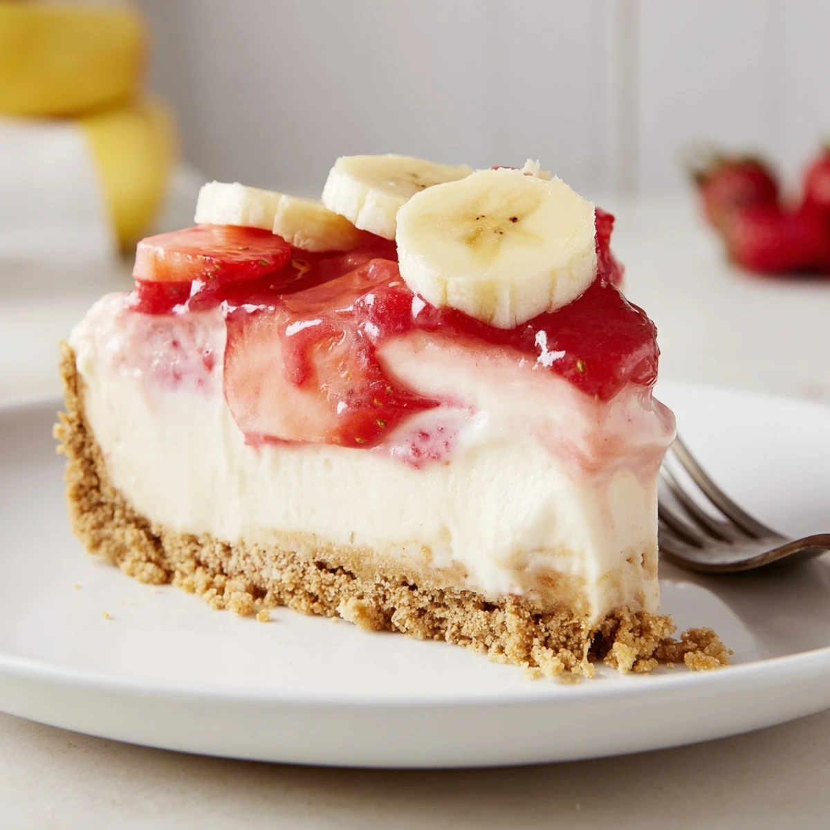Slice of Banana Strawberry Cheesecake on plate, velvety texture and bright fruit