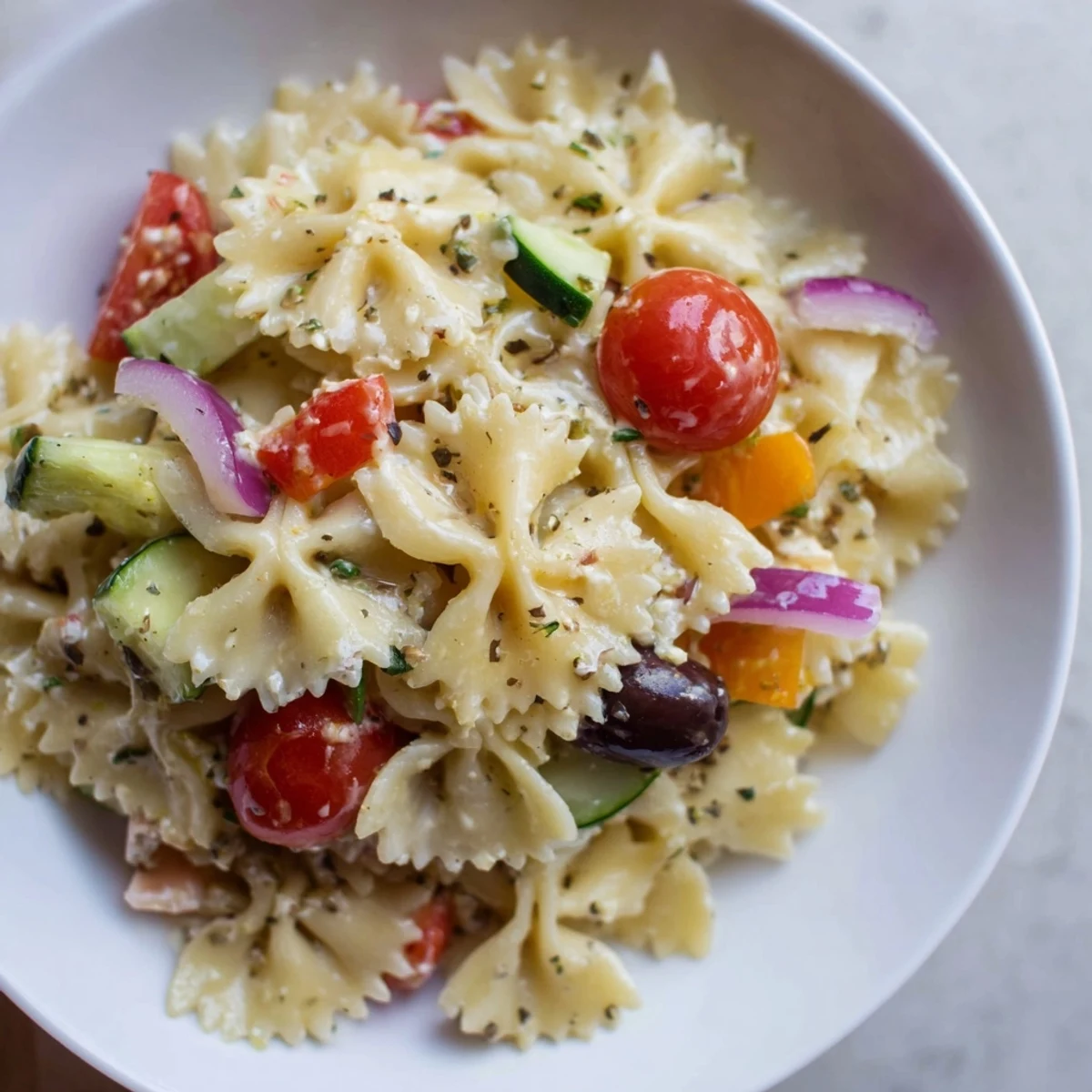 Chilled Bow Tie Pasta Salad tossed in zesty Italian dressing, feta sprinkled.