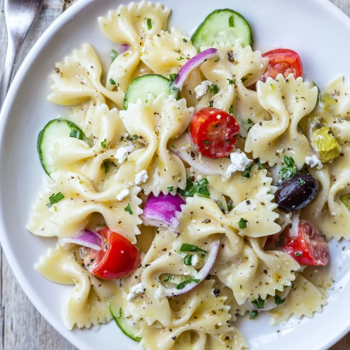 Bow Tie Pasta Salad with bright cherry tomatoes and crisp cucumber, picnic-ready.
