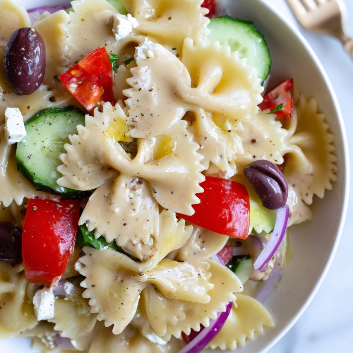 Colorful bowl of Bow Tie Pasta Salad garnished with parsley and olives.