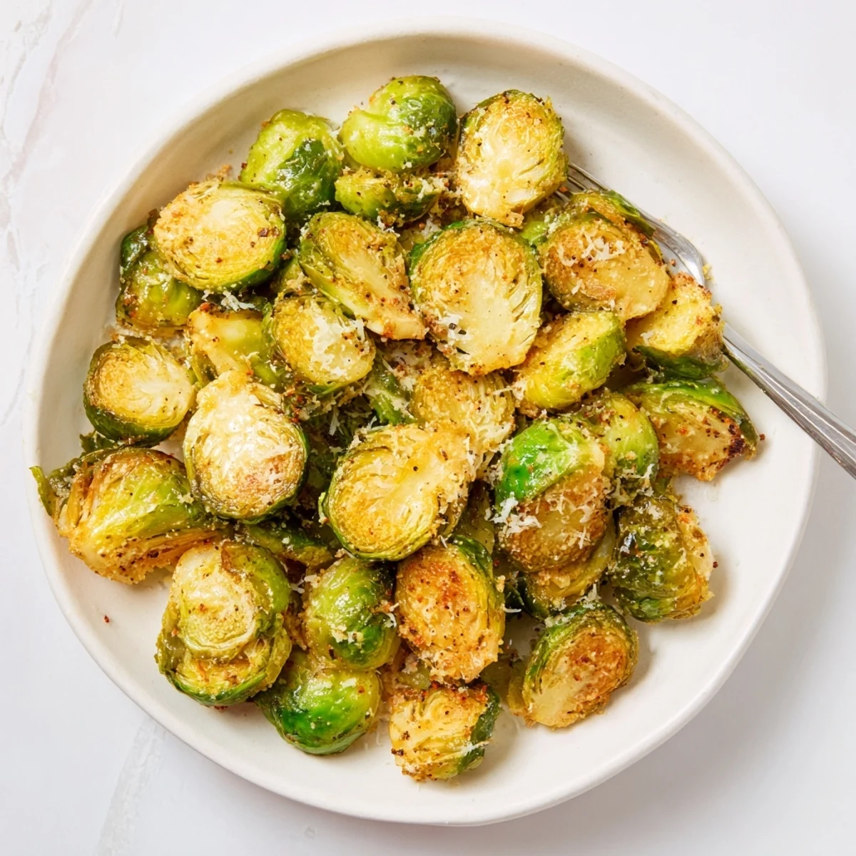 Crispy Air Fryer Brussels Sprouts with golden edges and garlic aroma.